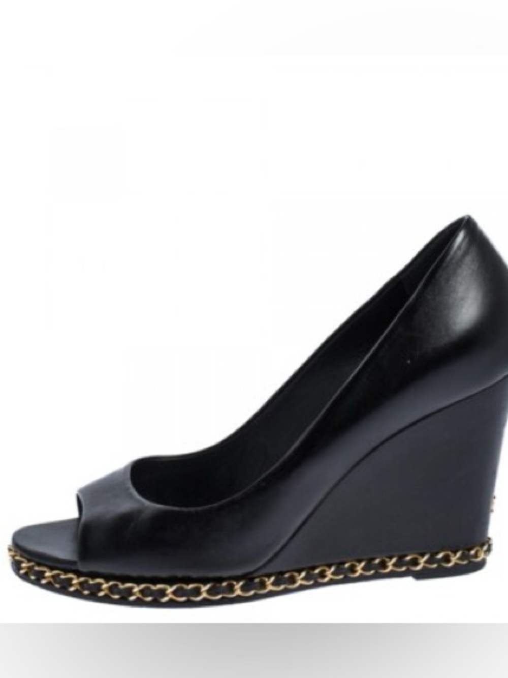 2011 Chanel Black Peep-Toe Wedge Pump with Gold Chain Trim